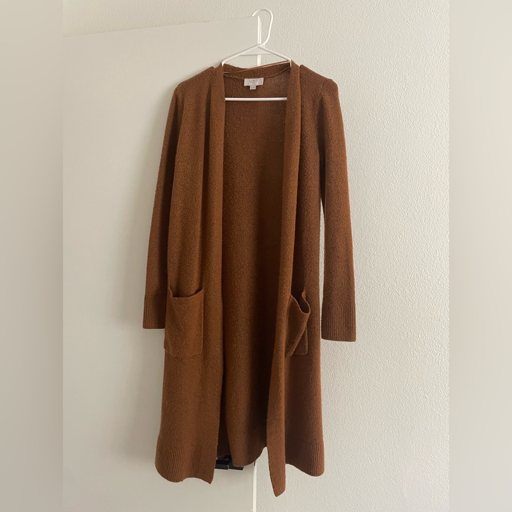 LOFT Long Open-Front Cardigan in Warm Brown